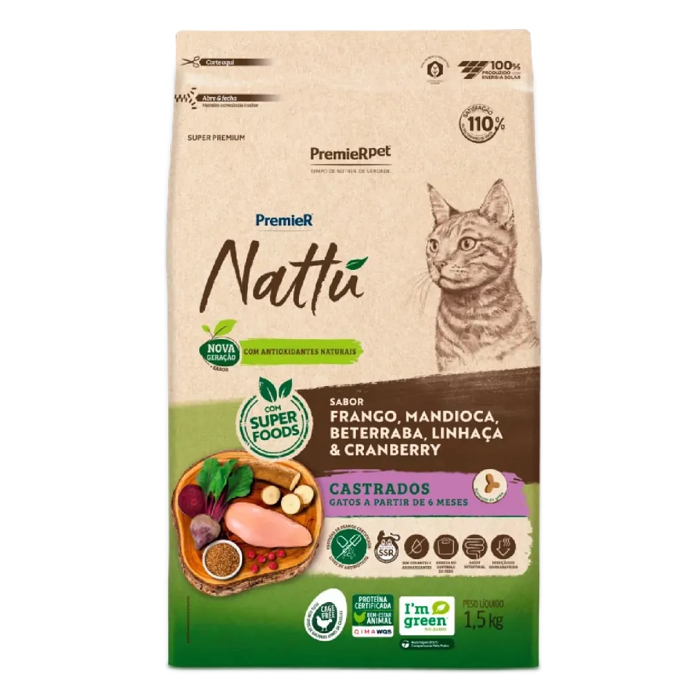 Premier Nattu Gatos Adultos Castrados Mandioca 1,5 kg